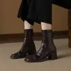 Botas Cuadradas Elásticas Versátiles de Otoño e Invierno Uso Transfronterizo Suela Suave Cuadrado Silencioso Adelgazantes Retro Cremallera Trasera Botas de Moda para Mujer