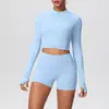 Jaqueta Longa de Zíper Nude de Manga Longa com Furo para Polegar, Cintura Alta, Justa, Shorts, Roupa de Yoga, Fitness, Traje de Yoga Levanta Bumbum
