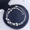 Tobillera Plata 990 Perla Redonda Flor de Coche Pulsera de Cuentas Doble Capa Tres Líneas para Mujer Geométrico Fresco Estilo Japonés y Coreano