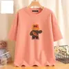 Camiseta feminina de algodão com manga curta, novo estilo popular do verão de 2026, solta e modeladora, camiseta de estudante, top feminino versátil de desenho animado do Instagram