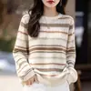 Suéter de punto de cuello redondo de lana peinada fina al por mayor transfronterizo con jacquard de color contrastante, suéter de punto holgado vintage estilo europeo y americano