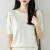 Top de punto de manga corta de algodón puro estilo minimalista para mujer, camiseta básica holgada y transpirable de manga media, suéter adelgazante de manga media