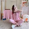 Pijama de Tres Piezas para Mujer Verano Color Sólido Cuello Redondo Manga Corta Pantalones Cortos Traje de Ropa para el Hogar de Chica Dulce