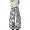 Calças de trabalho camufladas cinza e branco estilo americano para homens, calças largas desconstruídas retrô de outono com múltiplos bolsos, calças retas emagrecedoras compridas até o chão