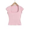 AP24106-24 Primavera Novo Estilo Americano Menina Doce Cor de Doce Renda Pequena Sexy Gola U Manga Curta Camiseta