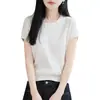 Camiseta feminina de algodão puro com gola redonda, malha de manga curta, cor sólida, canelada, corte solto, peça básica, nova tendência primavera-verão