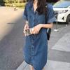 Vestido camisero vaquero holgado de talla grande de manga corta estilo coreano para mujer, vestido ajustado de longitud media, vestido largo alto