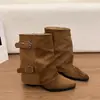 Botas de Moda Estilo Nuevo Retro Occidental Tacón Grueso Pierna Ancha Hebilla Botas de Media Caña Botas de Tacón Grueso Botas Estilo Europeo Mujer Piel Suave 2026 Otoño/Invierno