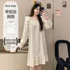 Vestido Pijama de Algodón Nube para Mujer, Verano, con Almohadillas Integradas en el Sujetador, Estilo Princesa, Encaje, Manga Larga, Delgado, Ropa de Casa, Se Puede Usar en Exteriores