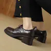 Otoño 2024 Nuevos Zapatos de Cuero Retro Británicos de Punta Cuadrada Tacón Grueso Suela Gruesa para Mujer Piel de Oveja Tacón Medio Boca Profunda Zapatos con Cordones