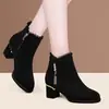Botines cortos de ante para mujer con tacón grueso, forro de algodón, altura hasta media pantorrilla, tacón medio y aptos para madres, con forro adicional de felpa.