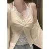 Diseño de encaje estilo francés, puro y seductor, top tipo camisola de cuello halter, dos piezas falsas, ajustable, espalda hermosa, cuello en V, sin mangas para mujer