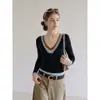 Camiseta de Manga Larga Falsa de Dos Piezas con Parches de Encaje Francés de Color Contrastante para Mujer, Diseño de Moda Otoñal, Top Ajustado