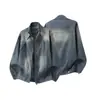 Chaqueta de Mezclilla Amarilla con Tinte de Barro, Cuello Alto, Desestructurada, Lavada, Desgastada, Estilo Retro Americano, Para Hombre, Primavera Otoño, Retazos, Holgada, Moderna