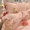 Estilo Coreano Femenino Rosa Cereza Encaje con Cordones Lazo Algodón Puro Juego de Cuatro Piezas Temporada de Regreso a Clases Juego de Tres Piezas para Sábana de Cama de Dormitorio y Funda de Edredón