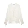 Blusa de verano de moda para mujer, estilo europeo y americano, comercio exterior, manga larga, cuello en V, patchwork de encaje