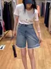 Shorts de Mezclilla Rectos de Pierna Ancha para Mujer, Talla Grande, Verano 2026, Cintura Alta, Ribeteados con Encaje, Corte Holgado, Pantalones Adelgazantes
