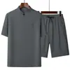 Camiseta de Manga Corta de Seda Helada para Hombre de Verano Bordado para Personas de Mediana Edad y Mayores Estilo Papá Transpirable Pantalones Cortos Conjunto Casual de Dos Piezas Estilo Chino
