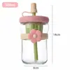 Taza de Flor de Vidrio Linda Taza de Agua con Popote, Taza de Regalo para Niñas, Taza de Alto Valor Estilo Ins con Separación de Té y Agua H