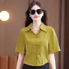 Camisa de Verano Estilo Chino Holgada Color Sólido Versátil Camisa Elegante Manga Media Cubre Vientre Top Abotonado Camisa de Mujer