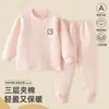 Conjunto de ropa interior térmica acolchada de tres capas de algodón puro Clase A para niños y niñas, pijama de casa para otoño e invierno