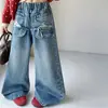 Conjunto de Suéter de Bolinhas Espesso Falso Duas Peças e Calça Jeans Wide Leg para Crianças de Tamanho Médio e Grande, Outono e Inverno, Estilo Coreano Tricô