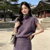 Outono e inverno estilo simples forrado com fleece tricô de lã gola alta manga curta feminino solto para sobreposição colete sem mangas colete de tricô