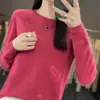 Suéter básico suelto casual de terciopelo Andy para mujer, color liso, cuello redondo, mariposa de pedrería sin costuras, primavera nueva, reduce la edad