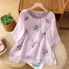 Camiseta de Algodón Bordada Floral Retro de Manga Media para Mujer, Top Casual Versátil Delgado y Holgado de Verano con Cuello Redondo para Mujer