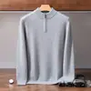 Suéter de Caxemira 2026 Inverno Novo Masculino Gola Alta Base Sete Pontos Fio Duplo Espessado Meio Zíper Suéter Quente