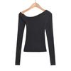 Spice Girl Irregular Slant Collar Open Shoulder Manga Comprida Malhas Feminino Coreano-Estilo All-Match Slim-Fit Sexy Simples Base Interna Camisa