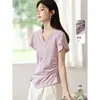 Camiseta de Verão Estilo Suave Urbano Romântico Estilo Coreano Mangas Folha de Lótus Emagrecedora Elegante para o Trabalho Decote V Toque de Algodão