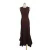 Vestido sin mangas de punto calado en relieve para mujer, cuello redondo, botones forrados de tela, corte ajustado, vestido largo con dobladillo irregular, falda de sirena