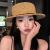 Sombrero de Paja Hueco Estilo Old Money para Mujer, Sombrero de Playa de Verano, Vacaciones en la Playa, Estilo Británico, Elegante, Sombrero de Copa Plana que Adelgaza el Rostro