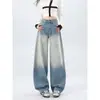 Jeans de Perna Reta com Strass Degradê Estilo Fashion Petite Hot Girl Novas Calças Azuis Fazem as Pernas Parecerem Mais Longas Feminino Solto