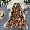 Falda Plisada Elástica de Cintura Moda Estampado Retro Europeo y Americano Transfronteriza para Mujer Falda de Cintura Alta Línea A Ropa de Trabajo Falda Larga Verano