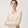 Outono Inverno Novo 100% Caxemira Pura Camisa Polo Feminina Simples para o Dia a Dia Manga Longa Suéter de Tricô Slim Fit Camada Base