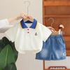 Traje para Niños 2025 Nueva Moda Delgada Solapa Bufanda de Dibujos Animados Estampado de Oso Camisa Polo Traje Casual