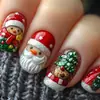 Moda Navideña Estilo Europeo y Americano Uñas Redondas Almendradas con Gradiente de Colores Líneas Doradas con Brillo Francesas Uñas Postizas