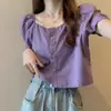 Verão 2026 Novo Estilo Roxo Chique Top Curto Camisa com Gola Quadrada Francesa Expondo a Clavícula e Mangas Bufantes