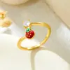 Anel de Cobre Fruta Esmaltado com Microincrustação de Esmalte para Mulheres, Morango Cereja Estilo Europeu e Americano Joia Transfronteiriça, Anel Aberto Ajustável Personalizado