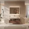 Gabinete de Baño Inteligente de Roble y Nogal de Lujo Ligero con Lavabo Integrado de Cerámica sin Costuras y Encimera Juego de Baño