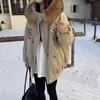 Casaco Parka de Inverno Estilo Zhao Lusi com Gola Grande de Pelo, Forrado com Lã e Espessado, Jaqueta Versátil Estilo Americano Quente e Resistente ao Frio para Mulheres
