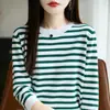 26 Novas Cores de Primavera e Verão Color-Blocking Algodão Puro Listrado Moda Jovem Tricô Manga Longa Gola Redonda Suéter Top Feminino