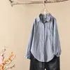Camisa Listrada de Fio de Algodão de Camada Dupla para Primavera e Outono 2026 para Mulheres, Top Casual Versátil Solto Emagrecedor Juvenil