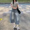 Pantalones Capri de Mezclilla de Estilo Americano de Gama Alta con Dobladillo Curvo para Mujer, Nuevos Pantalones Casuales de Pierna Ancha de Largo Medio, Tendencia de Verano Versátiles