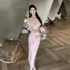Vestido Retro de Ombro Único Estilo Nacional Suave para Mulheres Primavera e Outono Romântico Floral Sexy Decotado na Barra da Saia Bodycon Emagrecedor