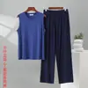 Novo conjunto casual de verão masculino sem mangas e calça de perna reta, conjunto de duas peças solto respirável de algodão e seda de verão