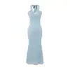 Vestido de renda puro e sedutor com decote em V e gola halter com amarração, saia sereia, novo estilo de verão, acinturado, justo ao corpo, longo
