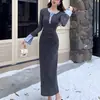 Vestido de Punto Patchwork de Bloques de Color con Botones de Manga Larga para Mujer Otoño e Invierno, Estilo Transfronterizo, Elegante, Ajustado, Ceñido a la Cintura, Bodycon, Largo